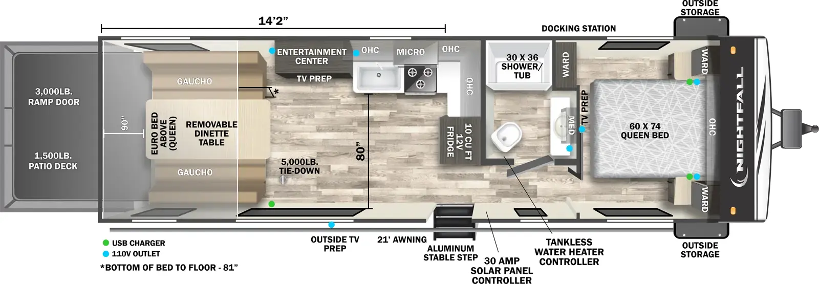 The Nightfall 27N floorplan is a toy hauler that has one entry and zero slide outs. Exterior features include: metal exterior, 21' awning and  outside entertainment. Interiors features include: front bedroom.